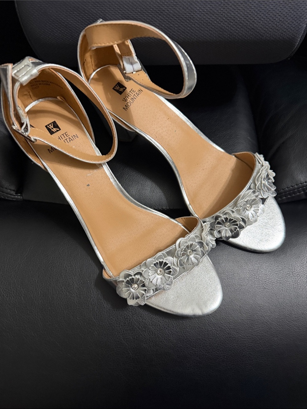White Mountain Silver Floral Ankle-Strap Heels